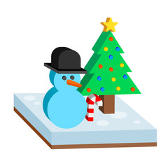 Isometric snowman and Xmas tree icon. Christmas season decoration and celebration theme. Colorful design. Vector illustration