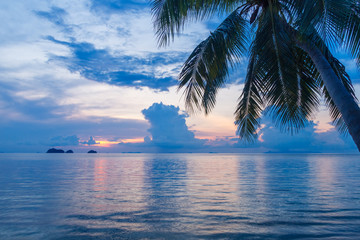Fototapeta na wymiar Sunset over the sea, palm leaves and tropical island in the background