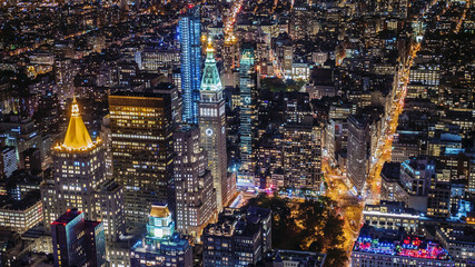 aerial shot of new york city, Manhattan business district. Metropolis urban background.