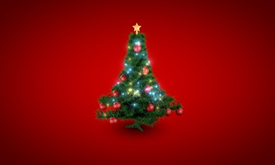 Christmas Tree red background 3d illustration.