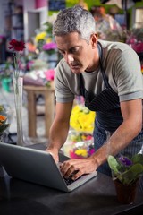 Male florist using laptop