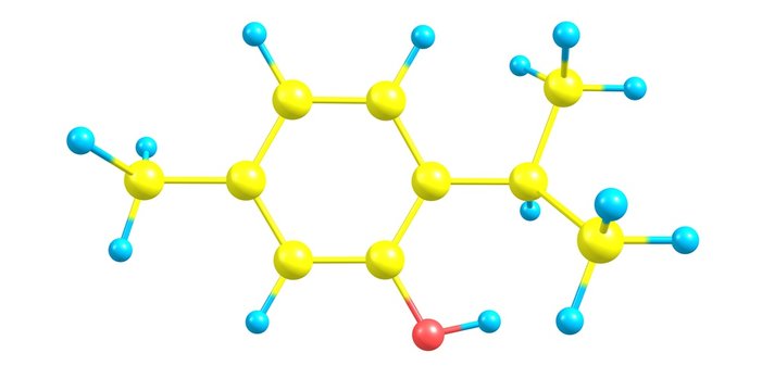 Thymol or 2-isopropyl-5-methylphenol is a natural monoterpene phenol derivative of cymene, C10H14O, isomeric with carvacrol, found in oil of thyme. 3d illustration