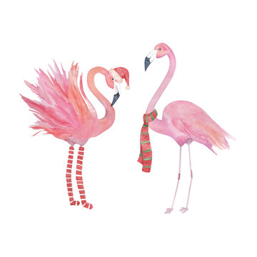 Watercolor christmas flamingo, decorative design.Isolated elements