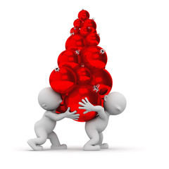 3d humans carrying christmas red balls decorations
