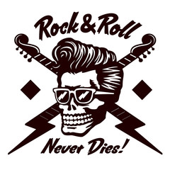 Rock'n'Roll never dies! Skull zombie head with rockabilly pomp hairstyle and sunglasses tattoo, t-shirt or sticker design vector illustration