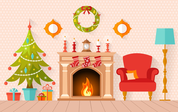 Christmas interior design with Christmas tree and fireplace. Living room decorated for the new year in flat style. Vector illustration.