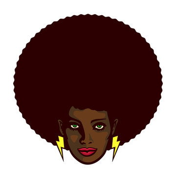 Black woman with afro hair and lightning bolt earrings vector illustration, determined groovy cool girl face