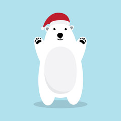 Polar bear cartoon character. A Cute Polar bear standing on blue background. Flat design Vector illustration. Happy Merry Christmas invitation card.