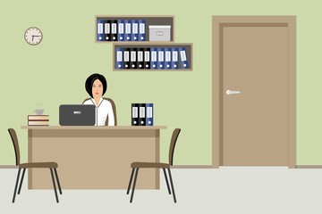 Web banner of an office worker. The young woman is an employee at work. There is beige furniture, two chairs, shelves with folders in the picture. Vector flat illustration
