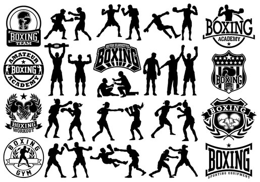 Editable vector silhouettes and badges collection of man and woman boxing