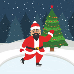 Happy new year and merry Christmas. Greeting card with christmas tree. Beautiful Asian Santa skating on the winter ice-skating rink. Vector illustration. Flat design.