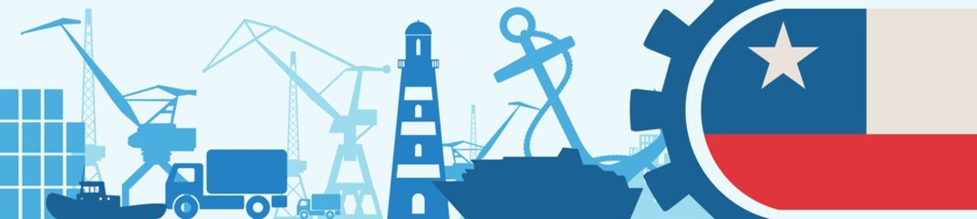 Cargo port relative icons set. Chile flag in gear. Vector illustration for web banner or header