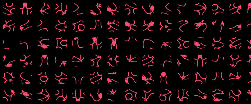 Complex line of alien hieroglyphs symbols isolated on black background. Digital illustration art work.