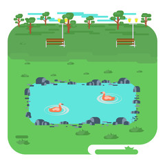 Vector landscape with lake in park. Illustration with Nature scene, bench, trees, pond with ducks. Elements for infographics in modern flat style. 
