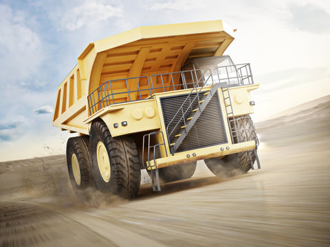 Mining truck transporting materials down a dirt road . 3d rendering with motion blur.