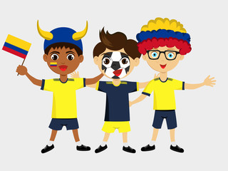 Fan of Colombia national football team, sports. Boy with flag in the colors of the national command with sports paraphernalia.Kid with national flag.