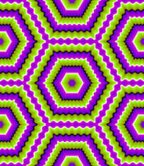 Green background with purple hexagons (motion illusion). Seamless pattern.