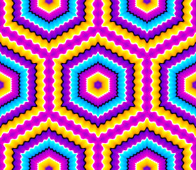 Pink background with colorful hexagons (optical expansion illusion)