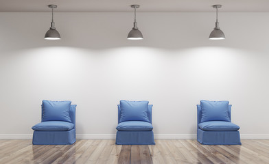 Poltrone blu illuminate in soggiorno con parquet render 3d