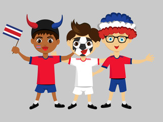 Fan of Costa Rica national football team, sports. Boy with flag in the colors of the national command with sports paraphernalia. Kid with national flag.