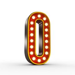 High quality 3D illustration of the number zero in vintage style with light bulbs illuminating it. Clipping path included.