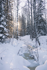 Fototapeta premium Frozen creek in winter snowy forest, Zyuratkul