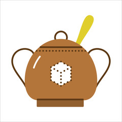 Sugar bowl with spoon inside. Flat vector illustration