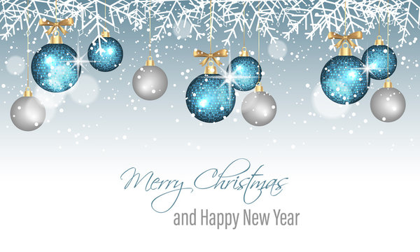 Merry Christmas and Happy New Year banner with snowflakes, snow, blurred circles, blue and silver hanging bauble.