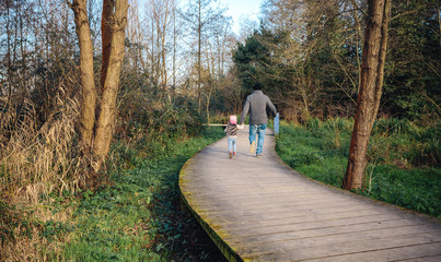 Obraz premium Back view of man and little girl holding hands while walking over a wooden pathway into the forest
