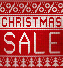 Christmas Sale, knitting pattern with a Christmas trees and percentage signs. Knitted holiday design.