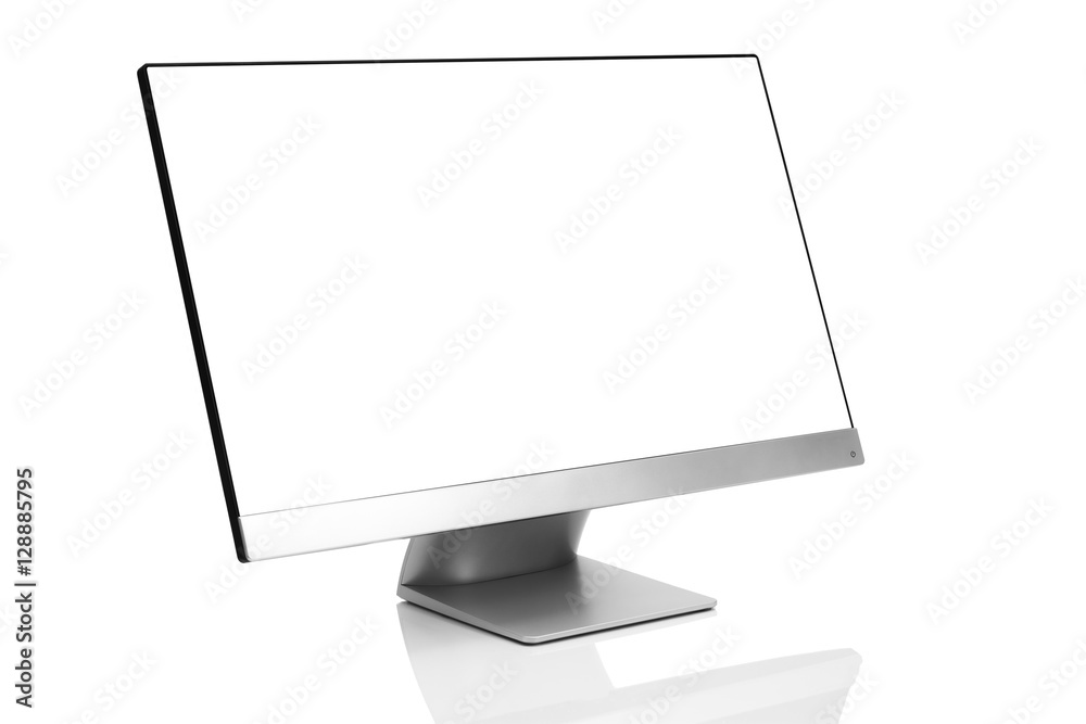 Wall mural sleek modern computer display with blank white screen, front side view titled up and isolated on whi