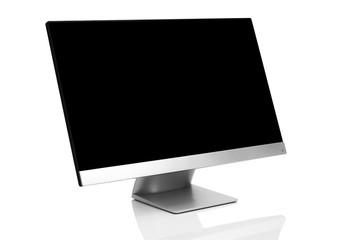 Sleek modern computer display with blank black screen, front side view titled up and isolated on white background with reflection