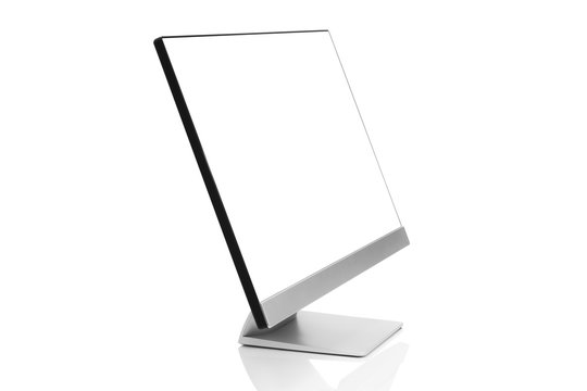 Sleek modern computer display with blank white screen, front side view tilted and isolated on white background with reflection