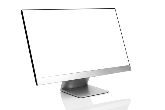 Sleek modern computer display with blank white screen, front side view titled up and isolated on white background with reflection
