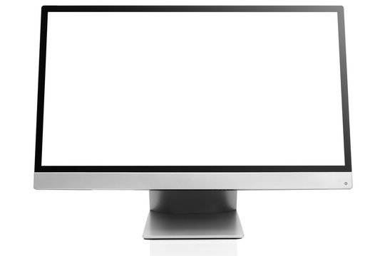 Sleek modern computer display with blank white screen, front view tilted and isolated on white background with reflection