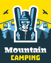 Mountain camping. Winter weekend, holiday. Logo skier in glasses. Fresh air. on the horizon, winter nature view. Pine forest. Vector illustration. Flat style