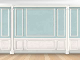Blue wall interior in classical style with pilasters, moldings and white panel. Architectural background.
