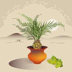 Illustration with grape and plant in a ceramic pot against sand dunes