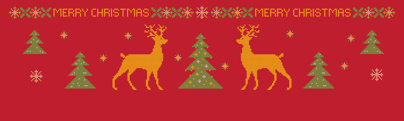Christmas horizontal banner, cross stitch pattern imitation. Lettering Merry Christmas. Elements are organized by groups.