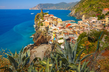 Aerial view of Vernazza fishing village in Five lands and Mediterranean Sea, Cinque Terre National...