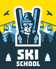 Ski school. Education, training, mentoring. Logo skier in glasses. Fresh air. on the horizon, winter nature view. Pine forest. Lifts up the mountain. Vector illustration. Flat style