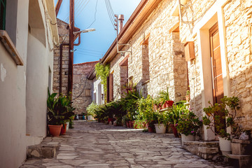 Narrow stone street in Kato Lefkara village. Larnaca District, C