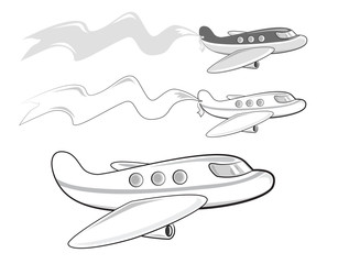Cartoon jets carrying a banner. Black, white and gray colors.