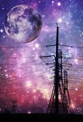 Landscape with power lines and night sky
