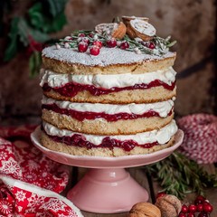 Christmas Layered Cake with Raspberry Jam and Whipped Cream