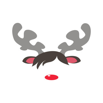 Carnival Masks Of Rudolph Reindeer Red Nose Isolated White Background. Vector Cartoon Illustration Of Christmas Reindeer Masquerade Mask