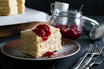 Napoleon cake with raspberry jam