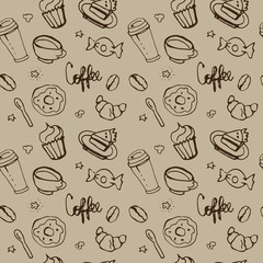 Delicious sweet vector pattern design. Hand drawn coffee pattern.
