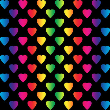 Bright rainbow colored hearts on black background, a seamless pattern