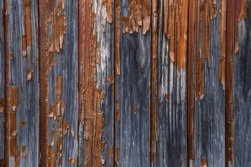 Old orange to brown paint peeling from a grey wooden wall. Contrast full background.